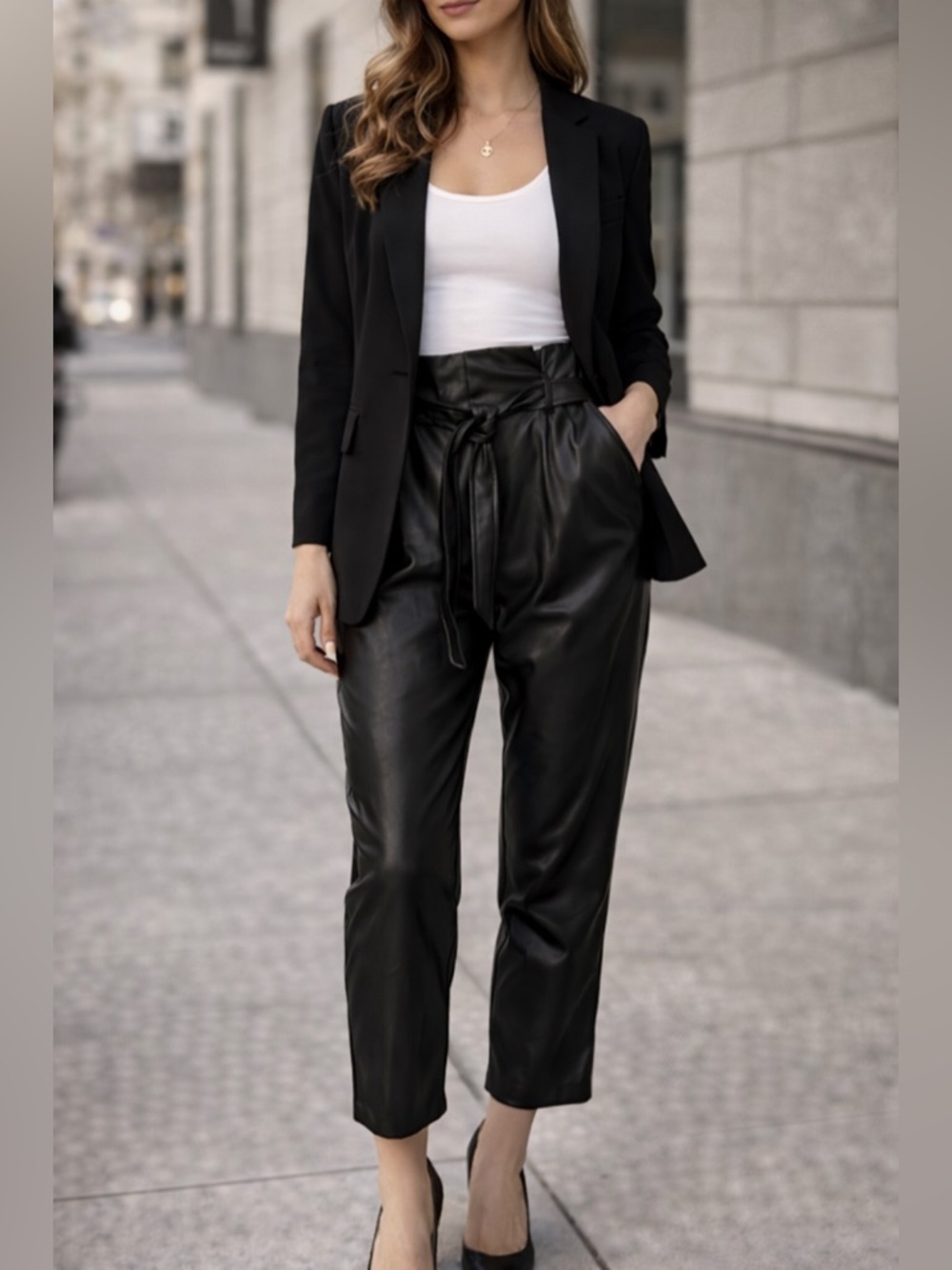 DKNY Faux Leather Paperbag Pants Belted Black High Rise Size 14